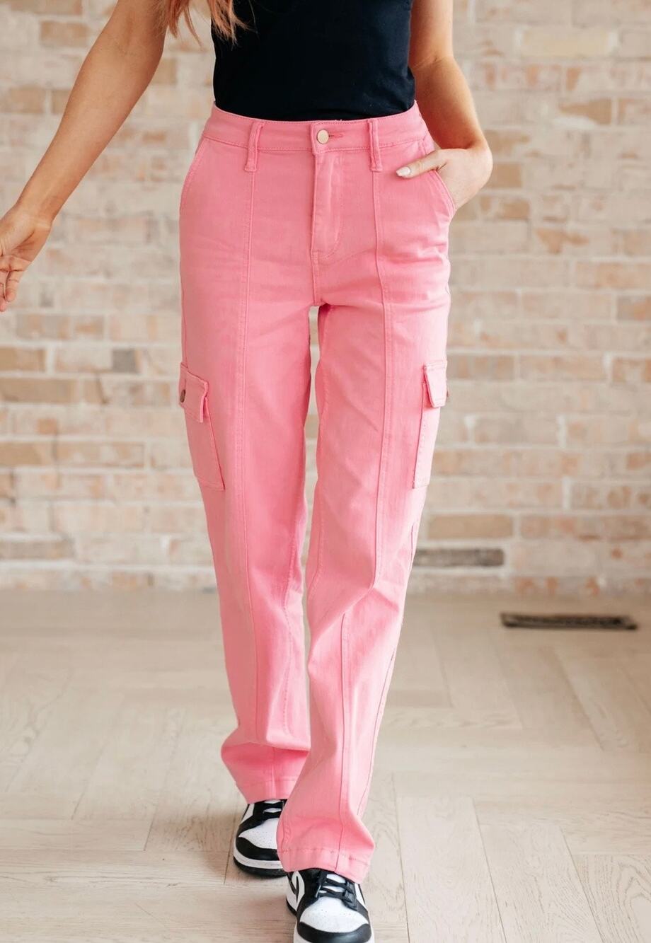 Judy Blue Peggy High Rise Cargo Straight Jeans in Pink High Waist Size 5/27 NWT